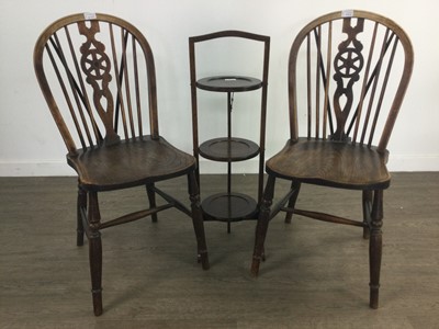 Lot 474 - A PAIR OF WHEELBACK CHAIRS AND A CAKESTAND