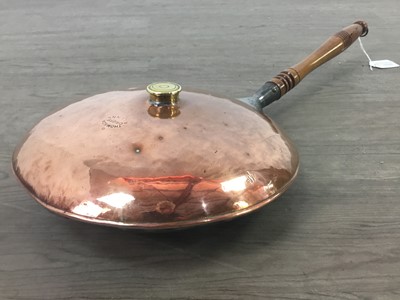 Lot 554 - A COPPER WARMING PAN BY THOMSON, CRIEFF & LUNS AND A LARGE BRASS PAN