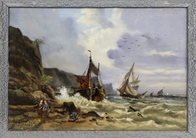 Lot 301 - ROCKY SHORE AND SAILING SHIPS, AN OIL ON PORCELAIN BY HENRY BAINES