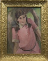 Lot 1573 - HELENA WINGATE (SCOTTISH), GIRL IN PINK oil on...