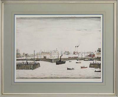 Lot 34 - THE HARBOUR, A SIGNED LITHOGRAPH BY L S LOWRY