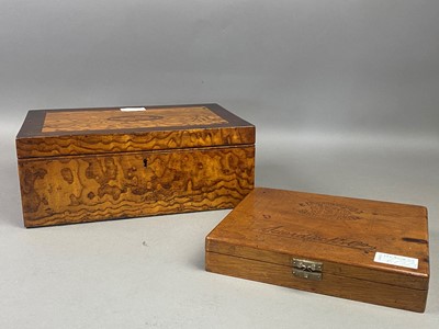 Lot 617 - A MAHOGANY SEWING BOX, A CIGAR BOX AND ANOTHER BOX