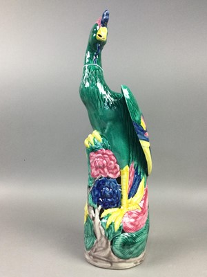 Lot 5 - A PAIR OF 20TH CENTURY CHINESE POLYCHROME PEACOCKS