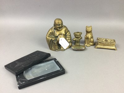 Lot 30 - A 20TH CENTURY CHINESE INK STONE, BRASS FIGURES AND BUDDHA, ALSO PRESENTATION PAPERWEIGHT