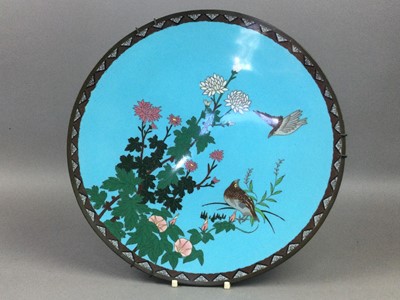 Lot 38 - AN EARLY 20TH CENTURY JAPANESE CLOISONNE ENAMEL CIRCULAR PLAQUE AND A CHINESE CELADON PLAQUE