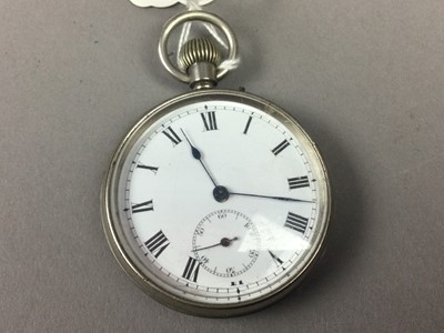 Lot 39 - AN 800 STANDARD SILVER OPEN FACED POCKET WATCH AND A PLATED WATCH