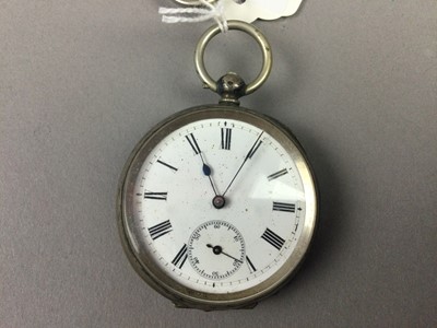 Lot 39 - AN 800 STANDARD SILVER OPEN FACED POCKET WATCH AND A PLATED WATCH