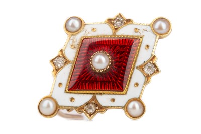 Lot 712 - A LATE VICTORIAN PEARL, DIAMOND AND ENAMEL BROOCH