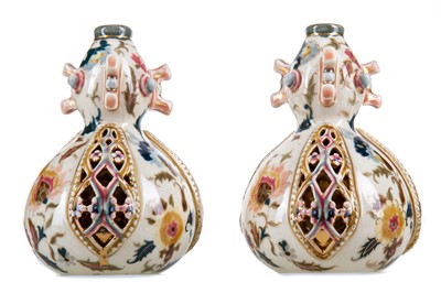 Lot 750 - A PAIR OF ZSOLNAY PECS POLYCHROME VASES