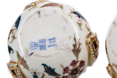 Lot 750 - A PAIR OF ZSOLNAY PECS POLYCHROME VASES