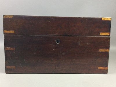 Lot 161 - A VICTORIAN MAHOGANY INLAID AND BRASS BOUND WRITING SLOPE AND A BOX
