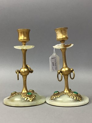 Lot 153 - A PAIR OF BRASS AND ALABSTER CANDLESTICKS AND OTHER ITEMS