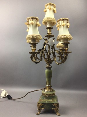 Lot 155 - AN ONYX AND BRASS FIVE BRANCH TABLE LAMP