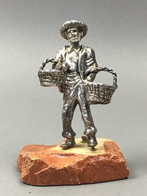Lot 165 - A SMALL WHITE METAL FIGURE OF A WATER CARRIER AND OTHER PLATED ITEMS