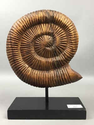 Lot 257 - A WOODEN REPRODUCTION FOSSIL AND OTHER OBJECTS