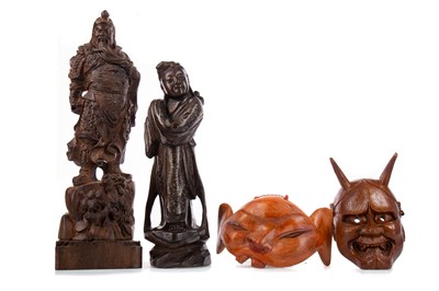 Lot 1150 - A CHINESE CARVED WOODEN FIGURE OF A MAIDEN AND OTHERS
