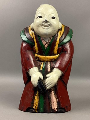 Lot 122 - A PAINTED WOODEN BUDDHA FIGURE AND OTHERS