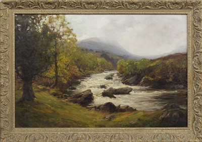 Lot 313 - HIGHLAND RIVER, AN OIL BY ALEXANDER BROWNLIE DOCHARTY