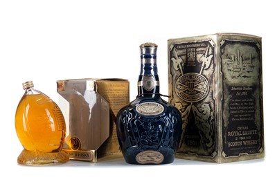 Lot 108 - CHIVAS ROYAL SALUTE 21 YEAR OLD SAPPHIRE DECANTER TOGETHER WITH PRINCE OF WALES 10 YEAR OLD 50CL