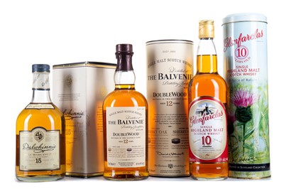 Lot 106 - GLENFARCLAS 10 YEAR OLD, DALWHINNIE 15 YEAR OLD AND BALVENIE 12 YEAR OLD DOUBLEWOOD