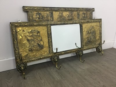 Lot 238 - AN EDWARDIAN BRASSED HALL MIRROR/COAT RACK