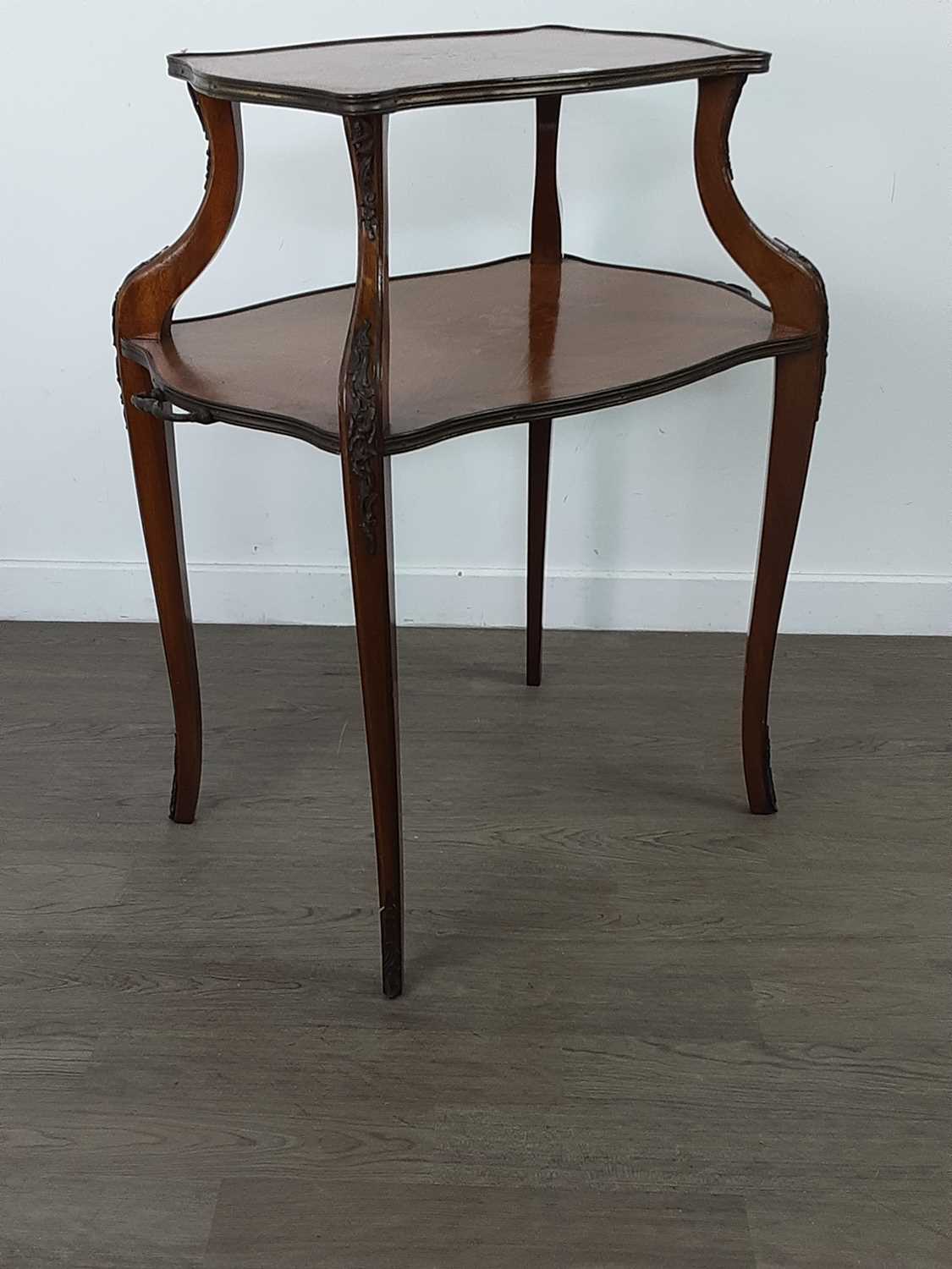 Lot 760 - A FRENCH MARQUETRY INLAID KINGWOOD TWO-TIER TEA TABLE