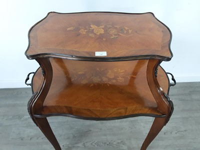 Lot 760 - A FRENCH MARQUETRY INLAID KINGWOOD TWO-TIER TEA TABLE