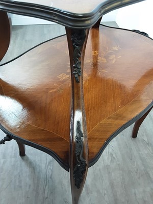 Lot 760 - A FRENCH MARQUETRY INLAID KINGWOOD TWO-TIER TEA TABLE