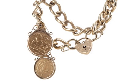 Lot 28 - A NINE CARAT GOLD BRACELET WITH TWO COINS