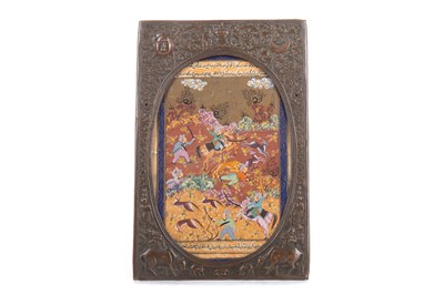 Lot 1194 - AN INDO-PERSIAN GOUACHE SET IN COPPER FRAME