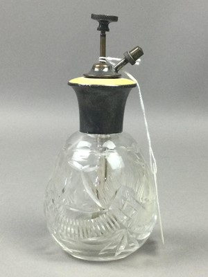 Lot 428 - A PAIR OF GLASS PERFUME BOTTLES, ANOTHER GLASS BOTTLE AND A SMALL GLASS JAR