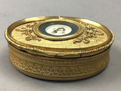 Lot 303 - AN OVAL GILTMETAL TRINKET BOX, A CIRCULAR BOX AND A POCKET WATCH