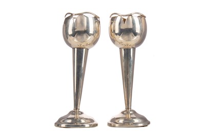 Lot 16 - A PAIR OF GEORGE V SILVER SOLIFLEUR VASES