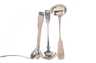 Lot 24 - THREE WILLIAM IV SILVER TODDY LADLES, AND A PAIR OF SUGAR TONGS