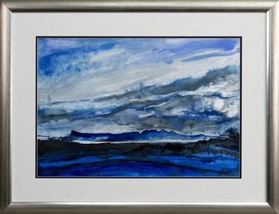 Lot 119 - STORM SKY, EIGG FROM ARISAIG, A WATERCOLOUR BY JOHN ARCHBOLD