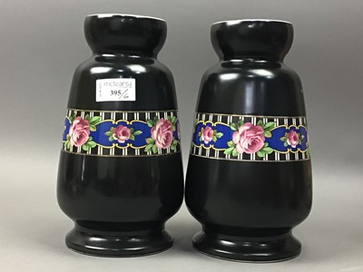 Lot 395 - A PAIR OF EARLY 20TH CENTURY STONEWARE VASES, COTTAGE WARE, STAFFORDSHIRE FIGURE AND A PLATED POT