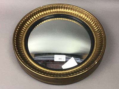 Lot 402 - A CONVEX CIRCULAR WALL MIRROR IN GILT FRAME AND TWO OTHER MIRRORS