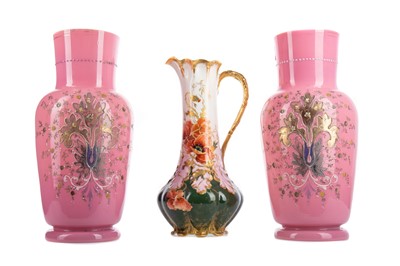 Lot 766 - A PAIR OF VICTORIAN PINK OPALINE OVERLAY GLASS VASES AND A GDA LIMOGES JUG