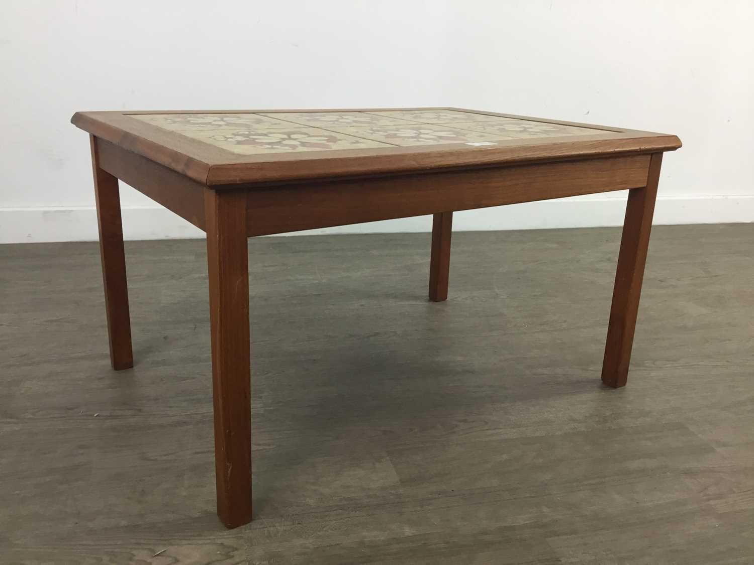 Lot 121 - A TOFTEN MOBELFABRIK TEAK TILED TOP COFFEE TABLE, NEST OF TABLES AND ANOTHER TABLE