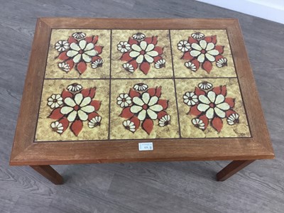 Lot 121 - A TOFTEN MOBELFABRIK TEAK TILED TOP COFFEE TABLE, NEST OF TABLES AND ANOTHER TABLE