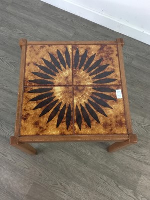 Lot 121 - A TOFTEN MOBELFABRIK TEAK TILED TOP COFFEE TABLE, NEST OF TABLES AND ANOTHER TABLE