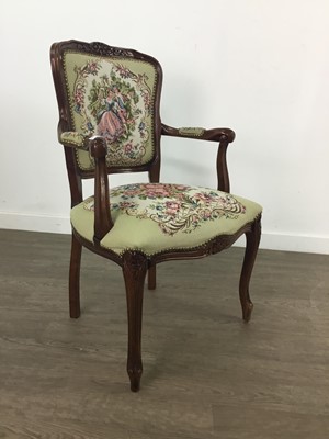 Lot 129 - A REPRODUCTION MAHOGANY FRENCH STYLE ARMCHAIR AND ANOTHER