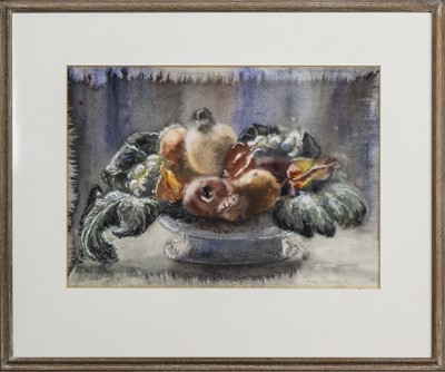 Lot 30 - STILL LIFE WITH FLOWERS FRUITS AND VEGETABLES, A WATERCOLOUR BY ANNE REDPATH
