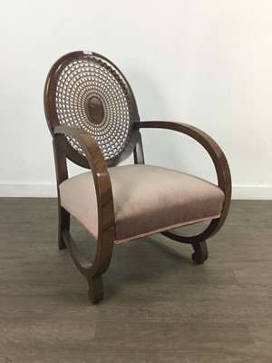 Lot 97 - AN ART DECO WALNUT CANE PANELLED ARMCHAIR