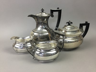 Lot 40 - A SILVER PLATED FOUR PIECE TEA SERVICE AND OTHER PLATE, ALSO COPELAND CUPS AND SAUCERS