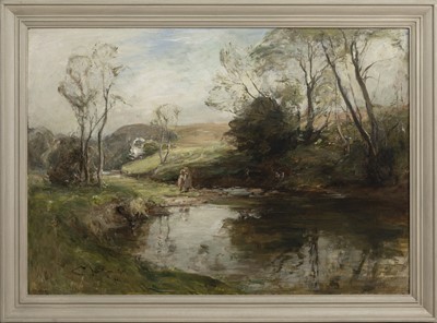 Lot 265 - A SHADY POOL, AN OIL BY GEORGE WHITTON JOHNSTONE