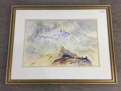 Lot 165 - MOUNTAIN LANDSCAPE, A WATERCOLOUR