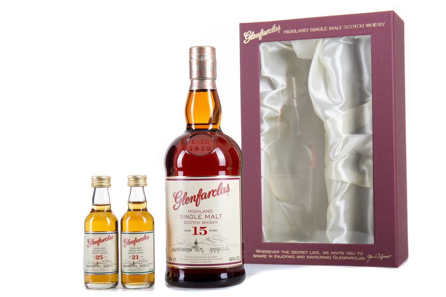 Lot 171 - GLENFARCLAS 15 YEAR OLD WITH 21 & 25 YEAR OLD MINIATURES