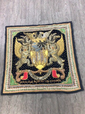 Lot 186 - AN INDIAN EMBROIDERED CREST PANEL