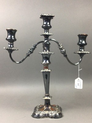 Lot 212 - A CANDELABRUM AND OTHER PLATED WARE